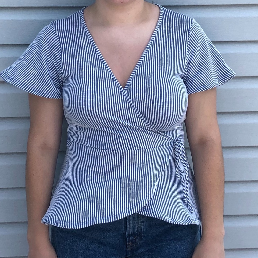 Blue and White Wrap Top